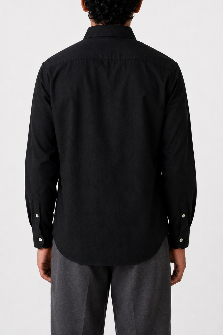 Cauzeway solid black Oxford cotton casual shirt in signature Indian regular fit, back view.