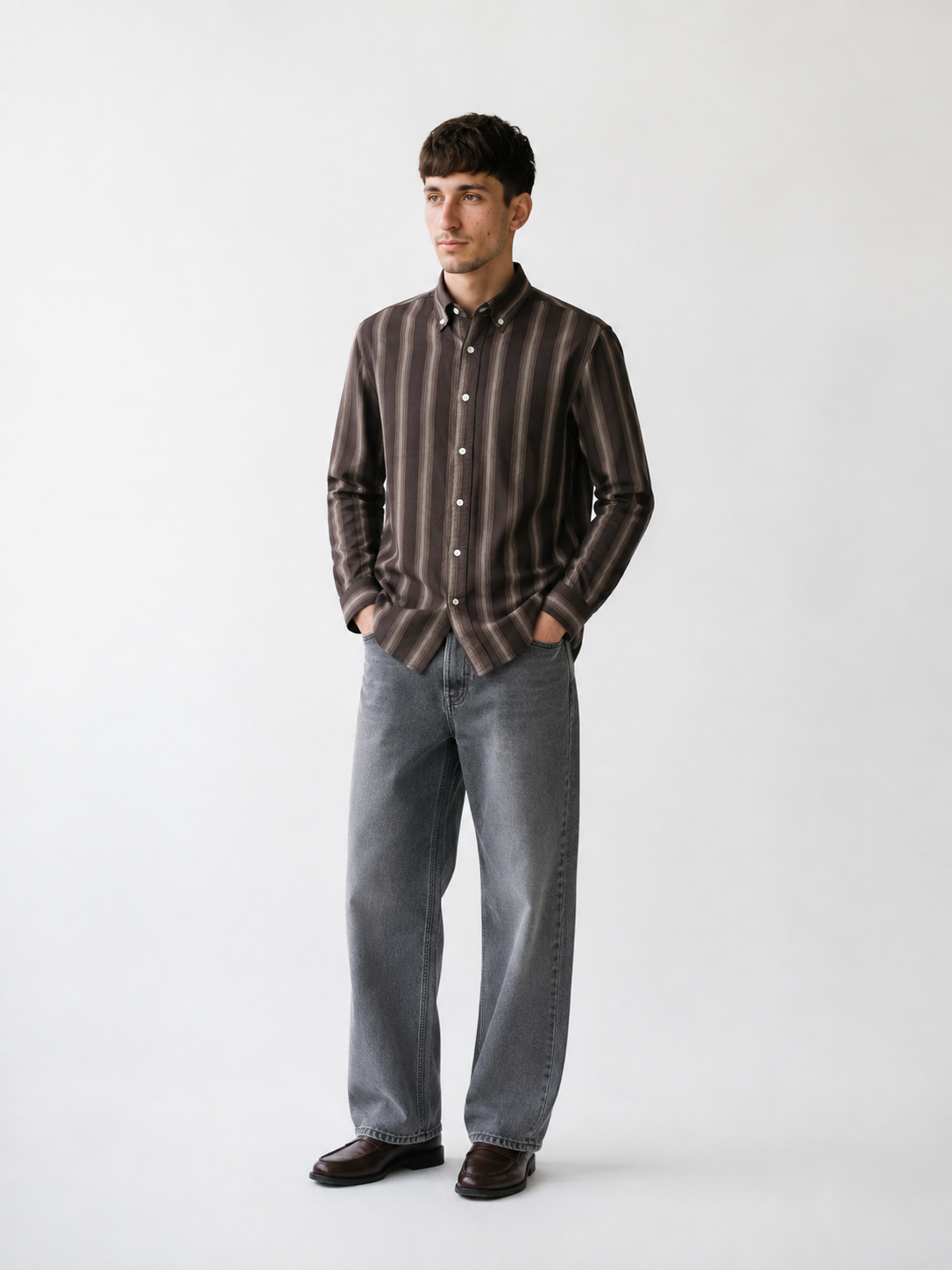 Cauzeway brown shadow stripe Oxford cotton casual shirt in signature Indian regular fit, front view.