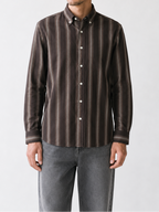 Cauzeway brown shadow stripe Oxford cotton casual shirt with button-down collar, close view