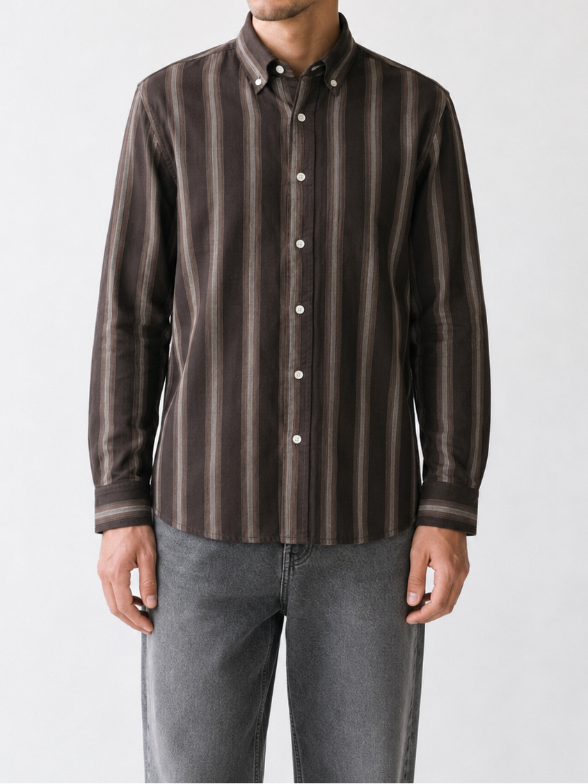 Cauzeway brown shadow stripe Oxford cotton casual shirt with button-down collar, close view