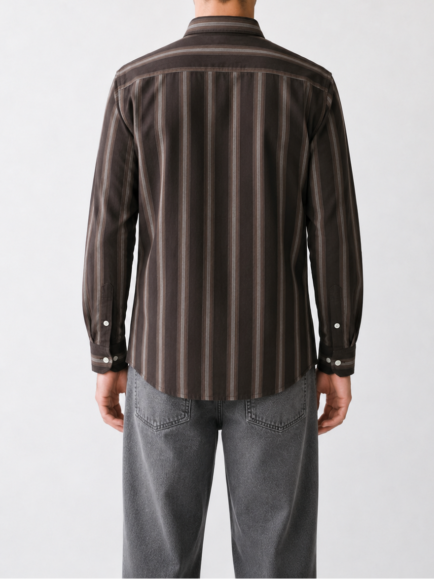 Cauzeway brown shadow stripe Oxford cotton casual shirt in signature Indian regular fit, back view