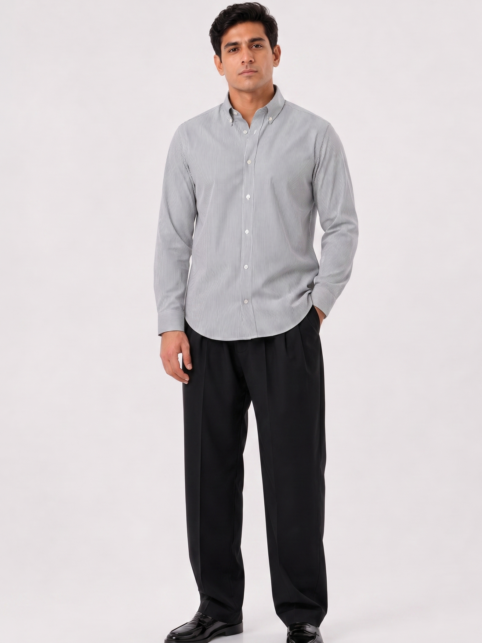 Cauzeway charcoal grey pencil stripe casual shirt in signature Indian regular fit, front full view.