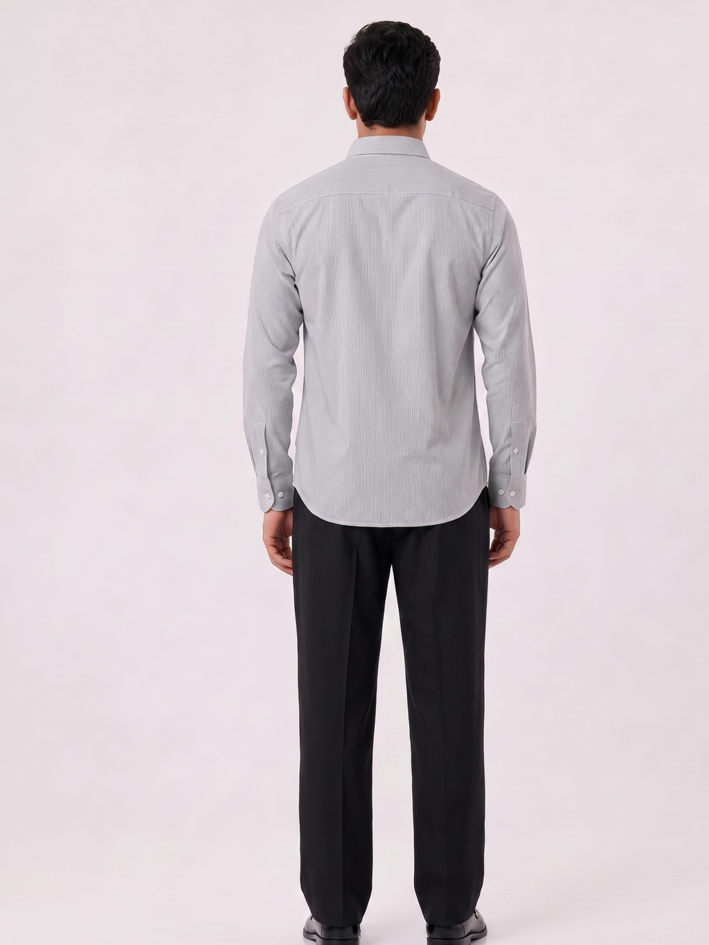Cauzeway charcoal grey pencil stripe casual shirt in signature Indian regular fit, back view.