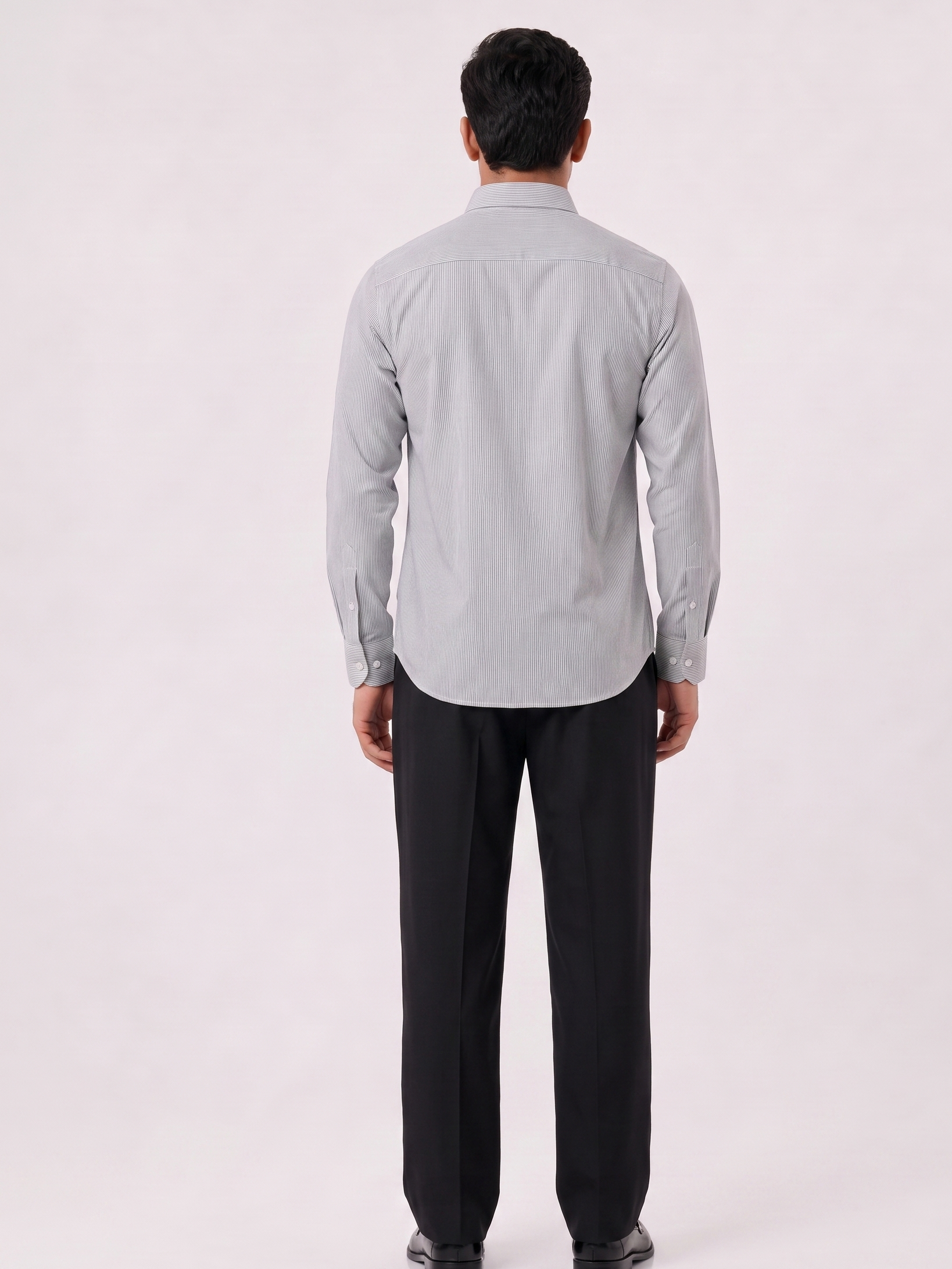Cauzeway charcoal grey pencil stripe casual shirt in signature Indian regular fit, back view.