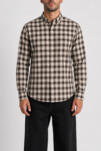 Cauzeway brown shadow check long sleeve casual shirt in signature Indian regular fit, premium cotton TFO oxford weave front view.