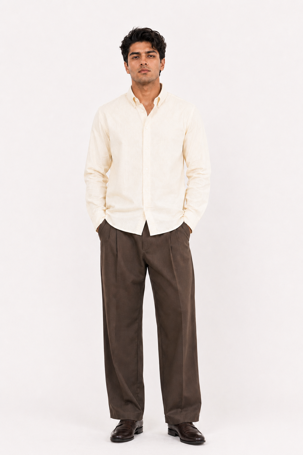 Cauzeway heritage off-white cotton casual shirt in signature Indian regular fit, front view