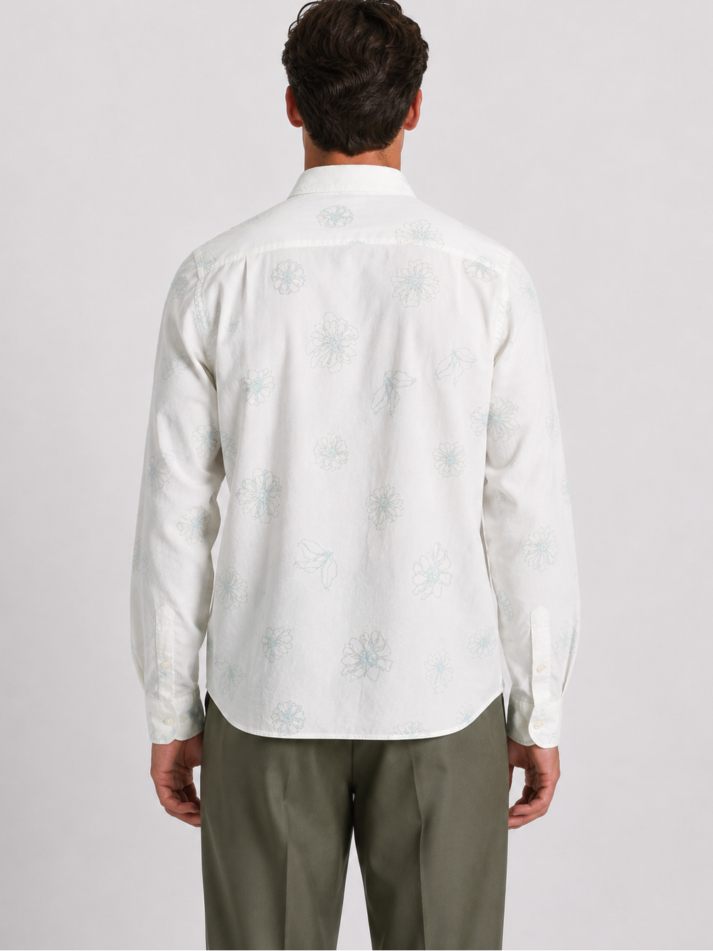 Cauzeway white cotton linen floral print casual shirt in signature Indian regular fit, back view
