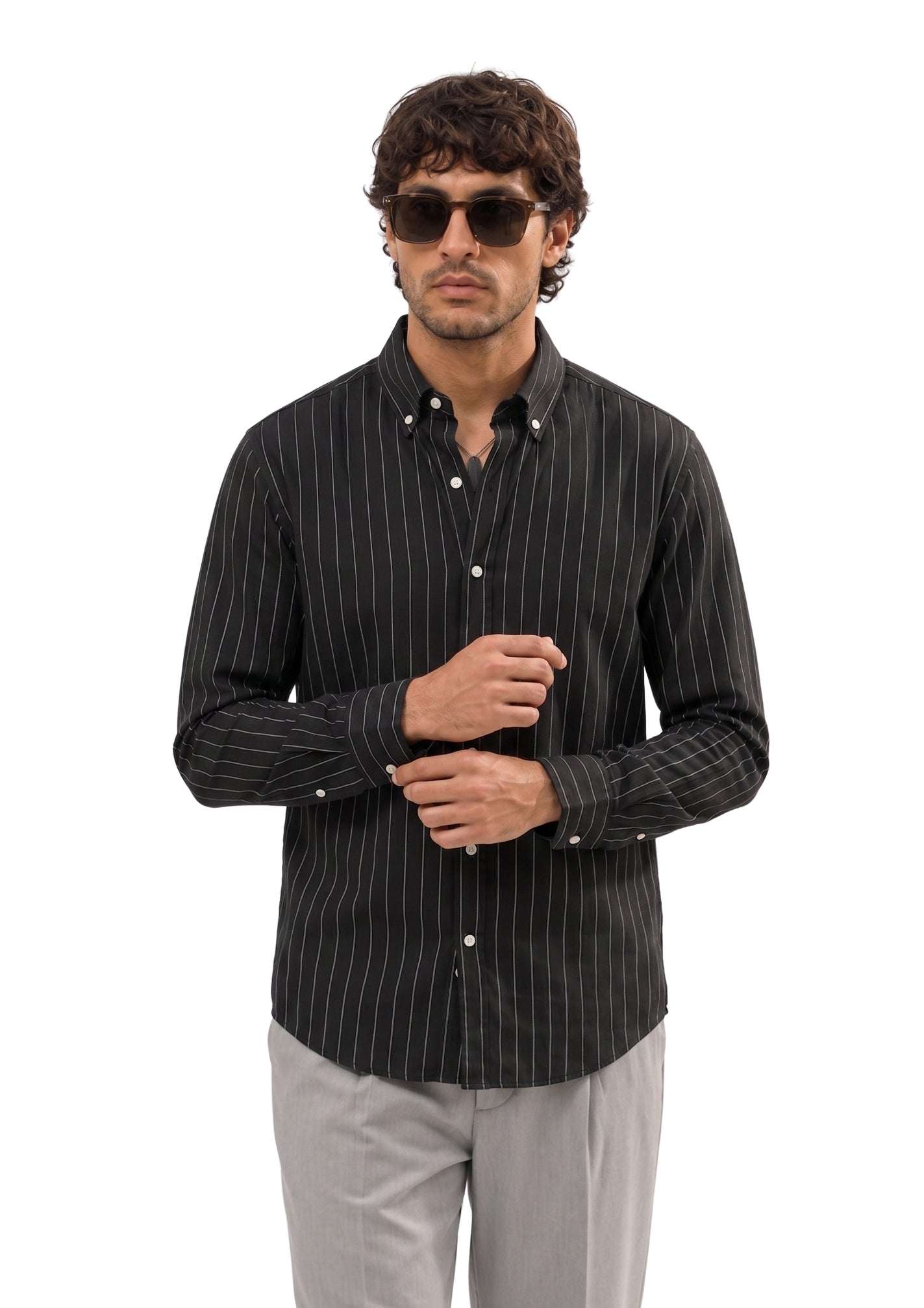 Black Pinstripe Oxford Cotton Casual Shirt - Indian Regular Fit
