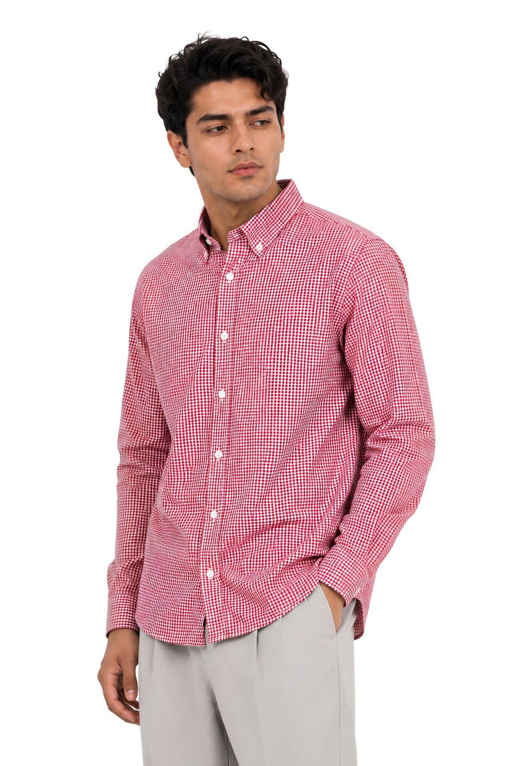 Red Micro-Check Oxford Cotton Casual Shirt - Indian Regular Fit
