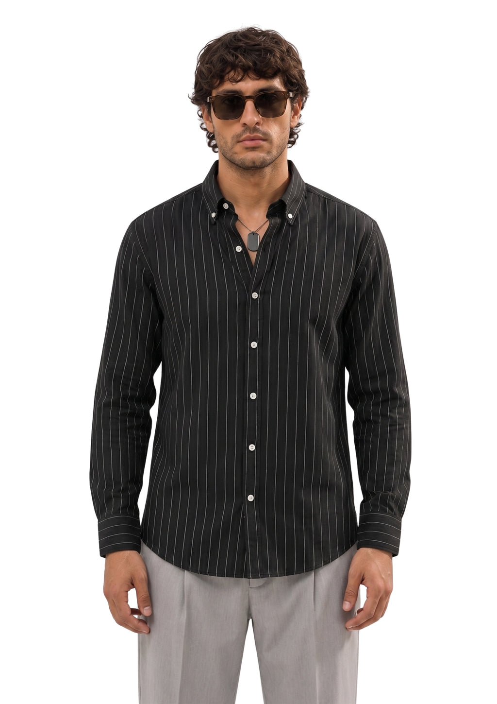 Black Pinstripe Oxford Cotton Casual Shirt - Indian Regular Fit