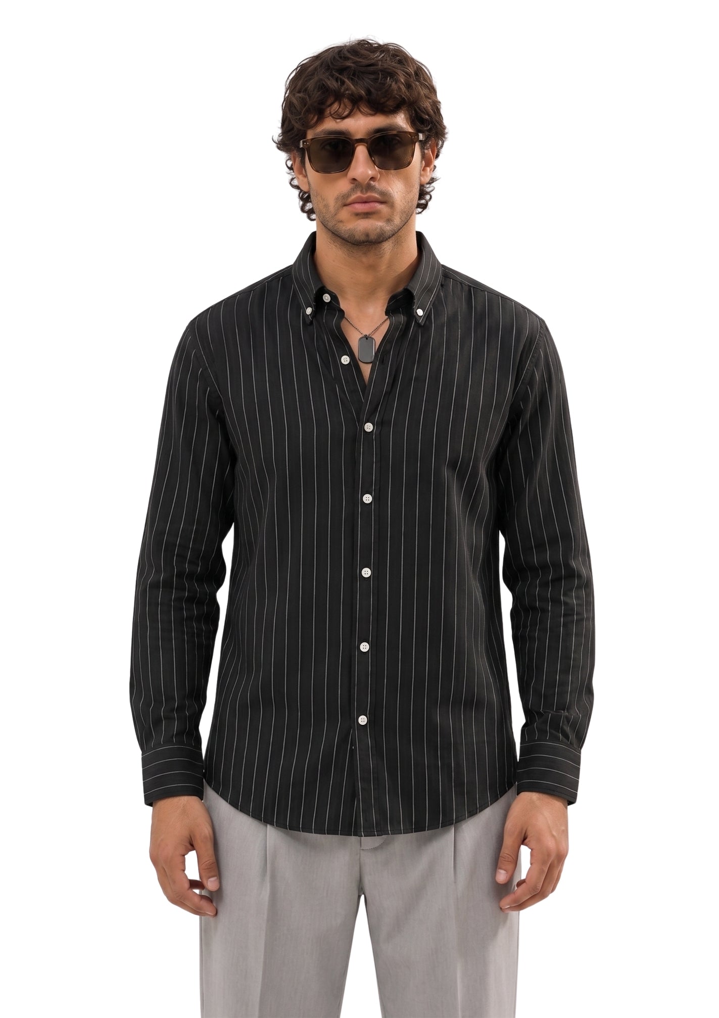 Black Pinstripe Oxford Cotton Casual Shirt - Indian Regular Fit