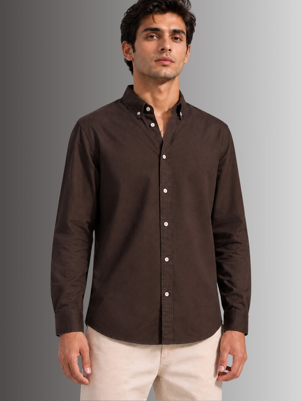 Model wearing Brown 100% Cotton Twill peach regular fit casual shirt for men from Cauzeway