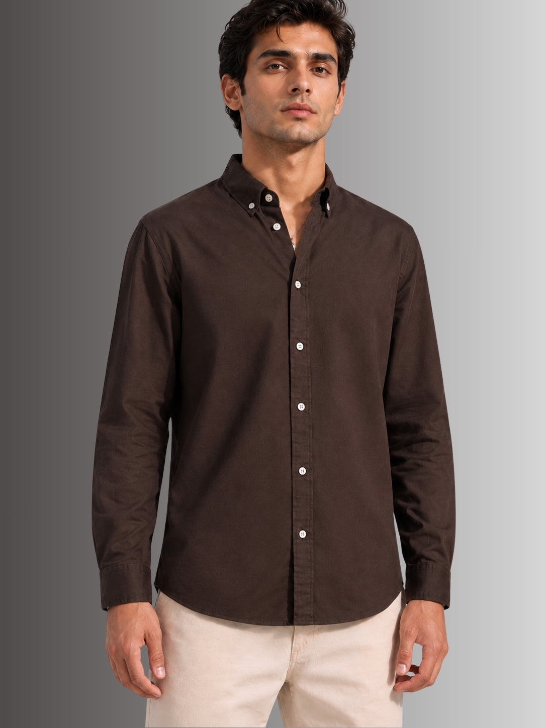 Model wearing Brown 100% Cotton Twill peach regular fit casual shirt for men from Cauzeway