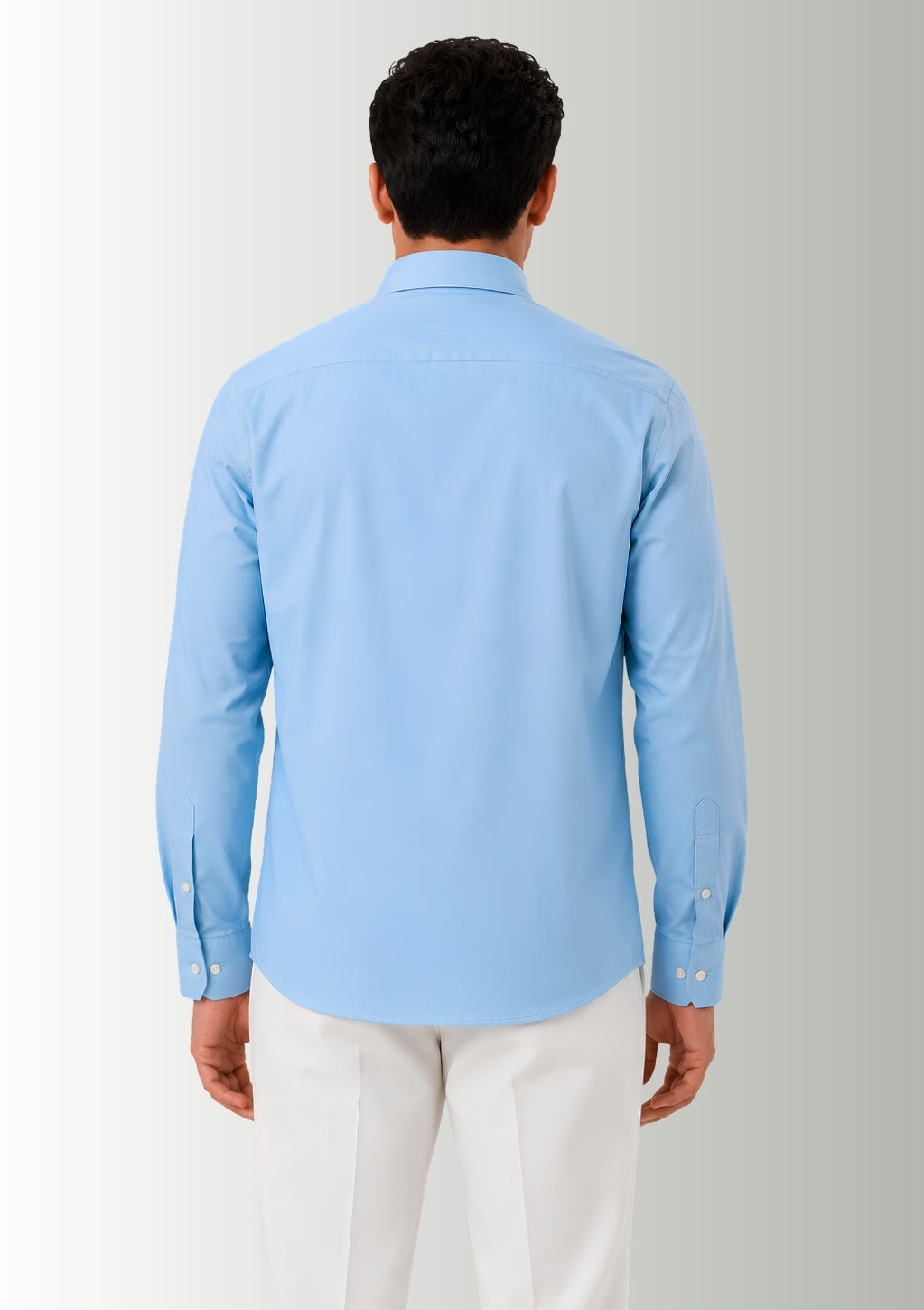 Cauzeway sky blue long sleeve casual shirt in signature Indian regular fit, premium poly bamboo twill lycra stretch fabric back view.