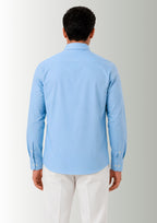 Cauzeway sky blue long sleeve casual shirt in signature Indian regular fit, premium poly bamboo twill lycra stretch fabric back view.