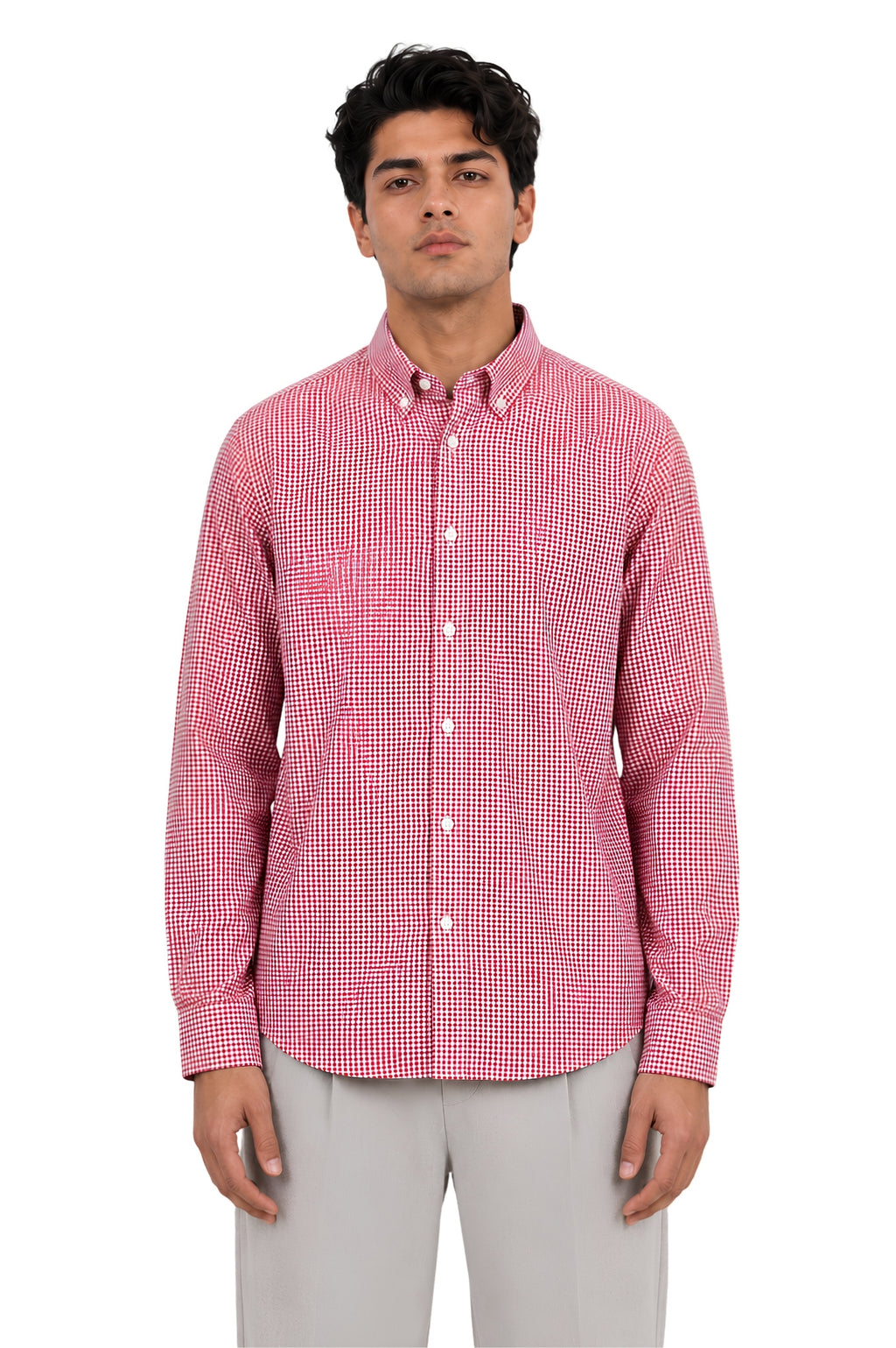 Red Micro-Check Oxford Cotton Casual Shirt - Indian Regular Fit