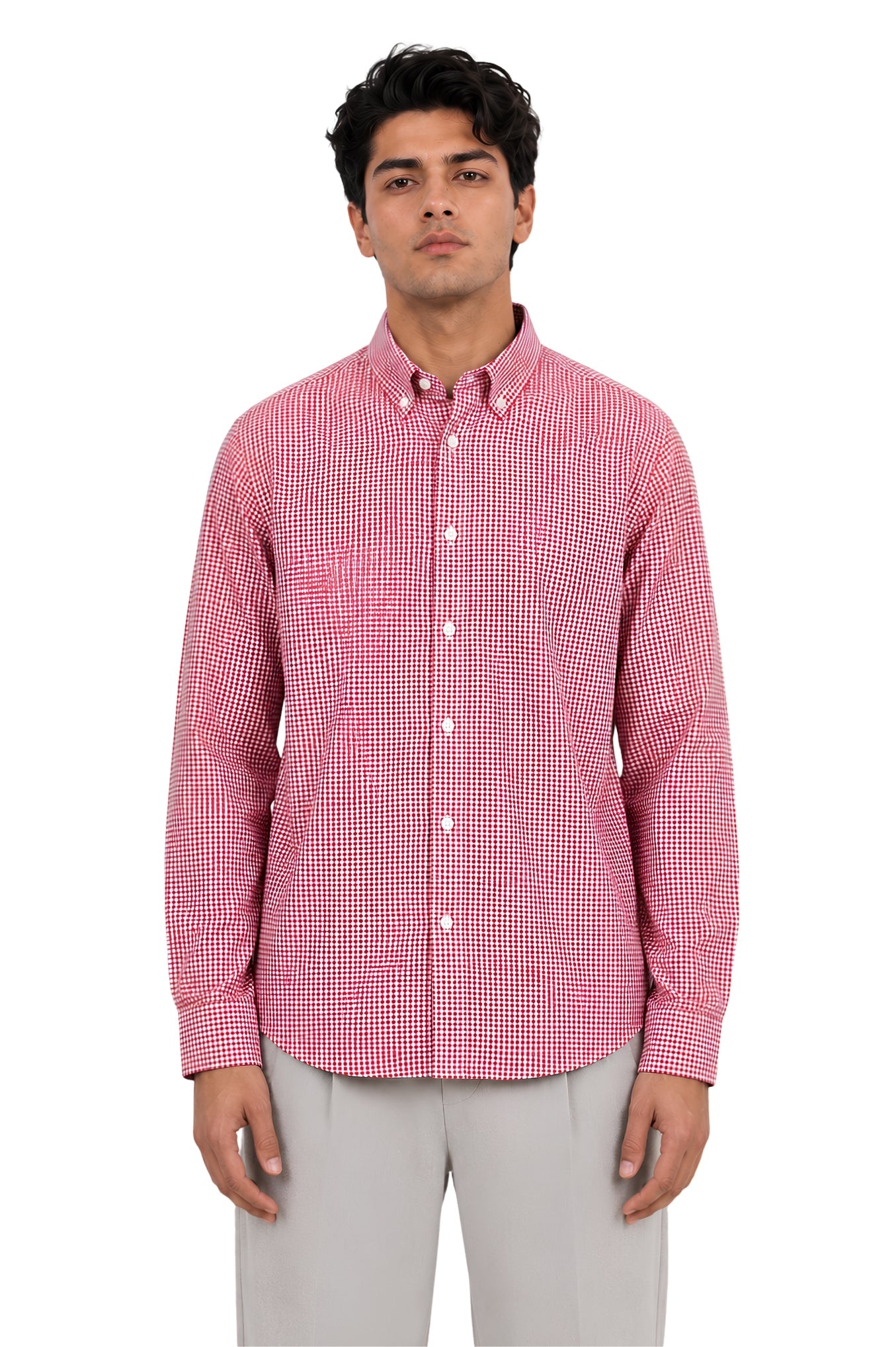 Red Micro-Check Oxford Cotton Casual Shirt - Indian Regular Fit