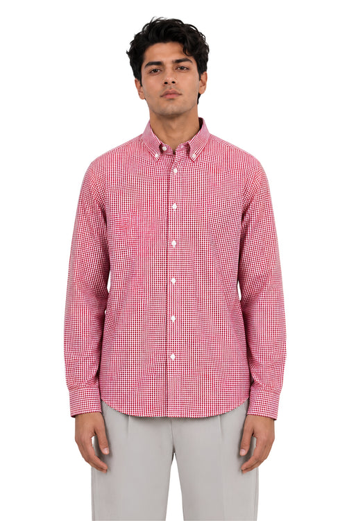Red Micro-Check Oxford Cotton Casual Shirt - Indian Regular Fit