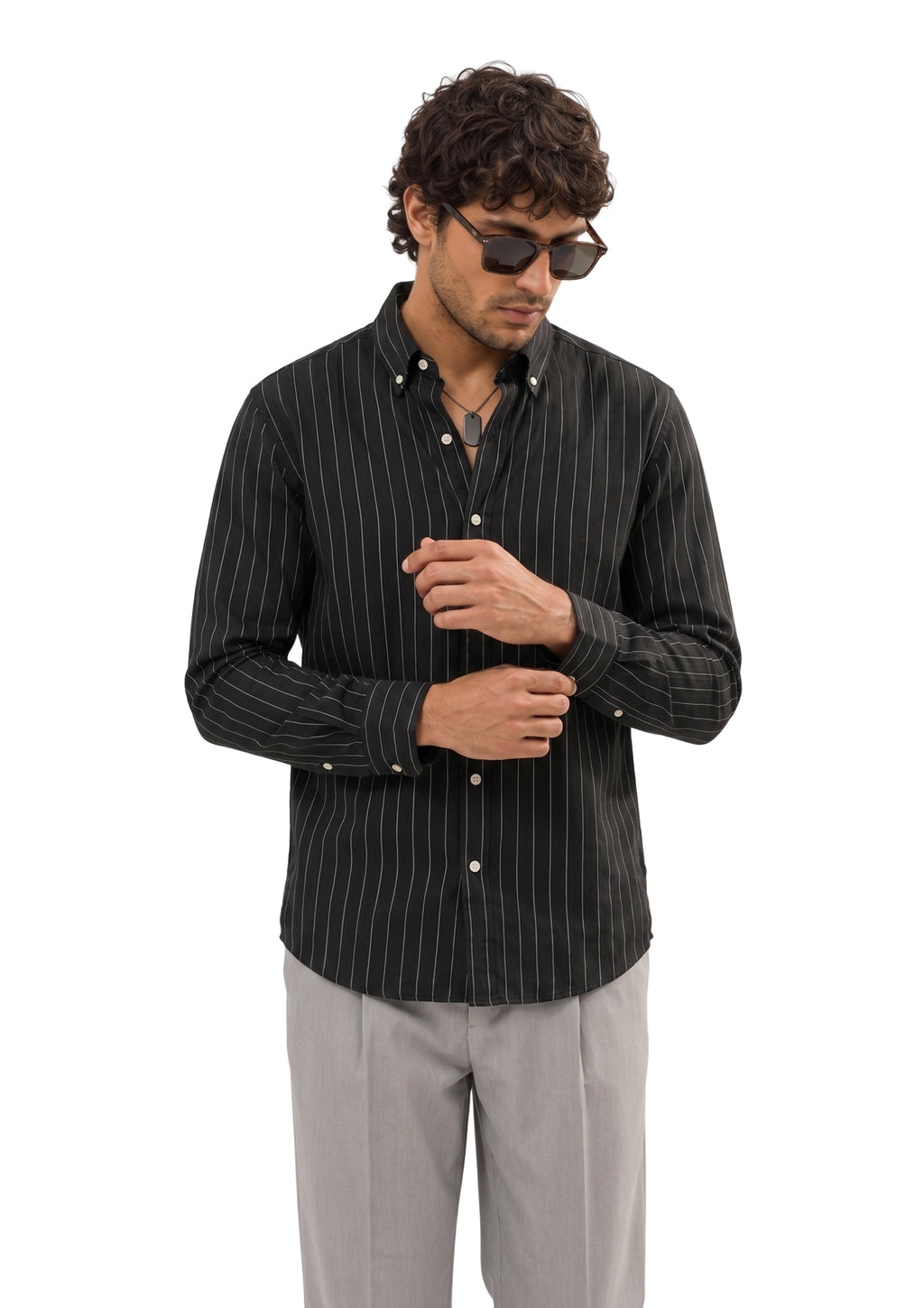 Black Pinstripe Oxford Cotton Casual Shirt - Indian Regular Fit