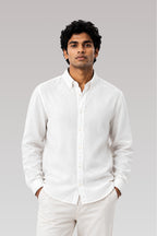 Cauzeway white cotton linen long sleeve casual shirt in signature Indian regular fit, clean pocketless front view.