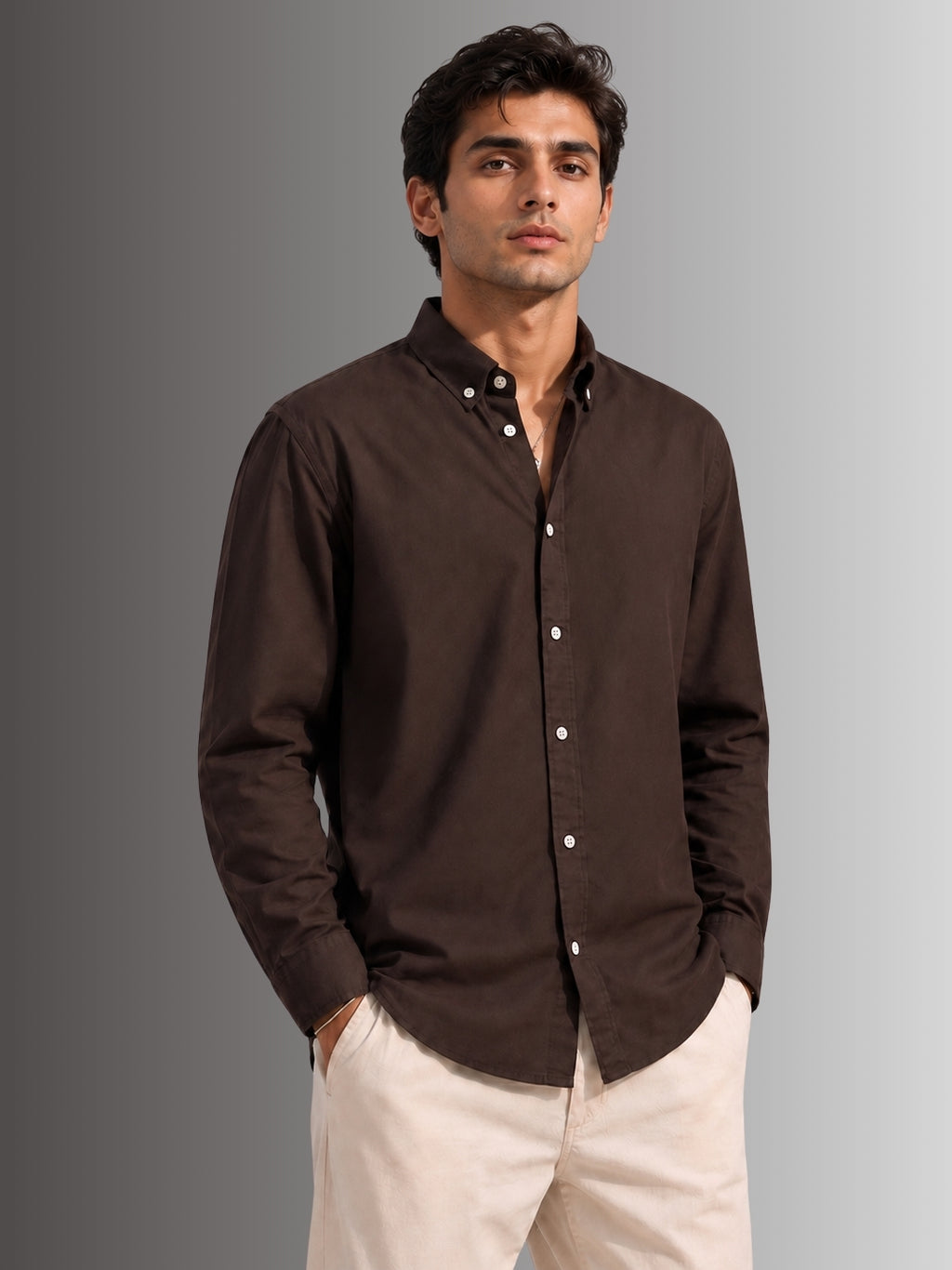 Model wearing Brown 100% Cotton Twill peach regular fit casual shirt for men from Cauzeway