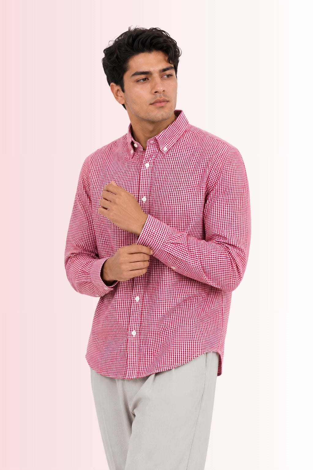 Cauzeway red and white gingham check long sleeve casual shirt in signature Indian regular fit, premium TFO oxford weave clean front view.