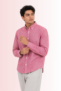 Cauzeway red and white gingham check long sleeve casual shirt in signature Indian regular fit, premium TFO oxford weave clean front view.