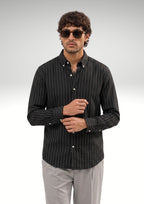 Cauzeway black pinstripe long sleeve casual shirt in signature Indian regular fit, premium cotton TFO oxford weave front view.