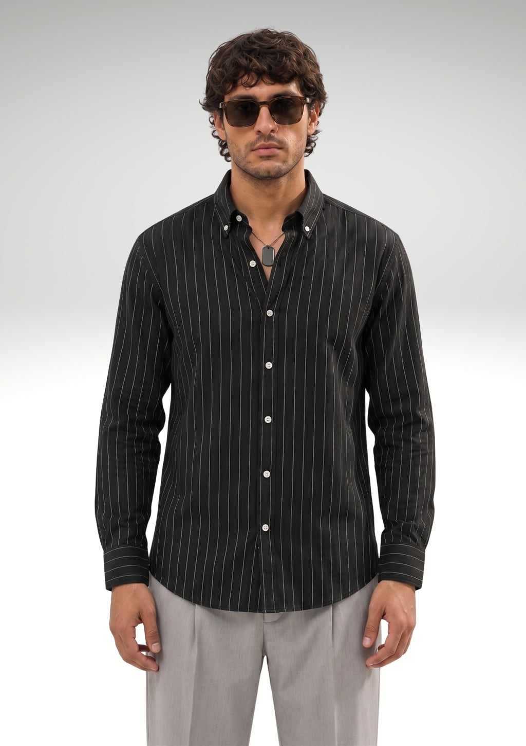 Cauzeway black pinstripe long sleeve casual shirt in signature Indian regular fit, premium cotton TFO oxford weave front view.