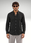 Cauzeway black pinstripe long sleeve casual shirt in signature Indian regular fit, premium cotton TFO oxford weave front view.