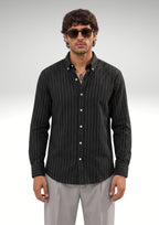 Cauzeway black pinstripe long sleeve casual shirt in signature Indian regular fit, premium cotton TFO oxford weave front view.