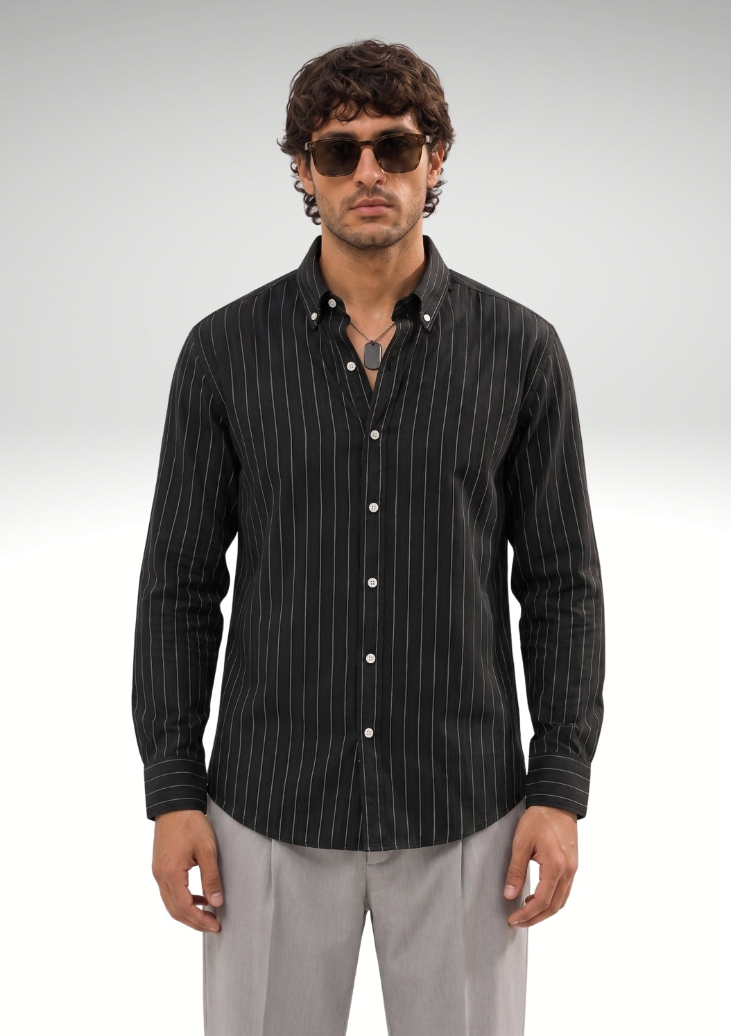 Cauzeway black pinstripe long sleeve casual shirt in signature Indian regular fit, premium cotton TFO oxford weave front view.