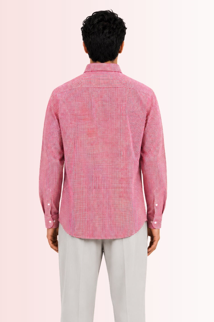 Cauzeway red and white gingham check long sleeve casual shirt in signature Indian regular fit, premium TFO oxford weave clean back view.