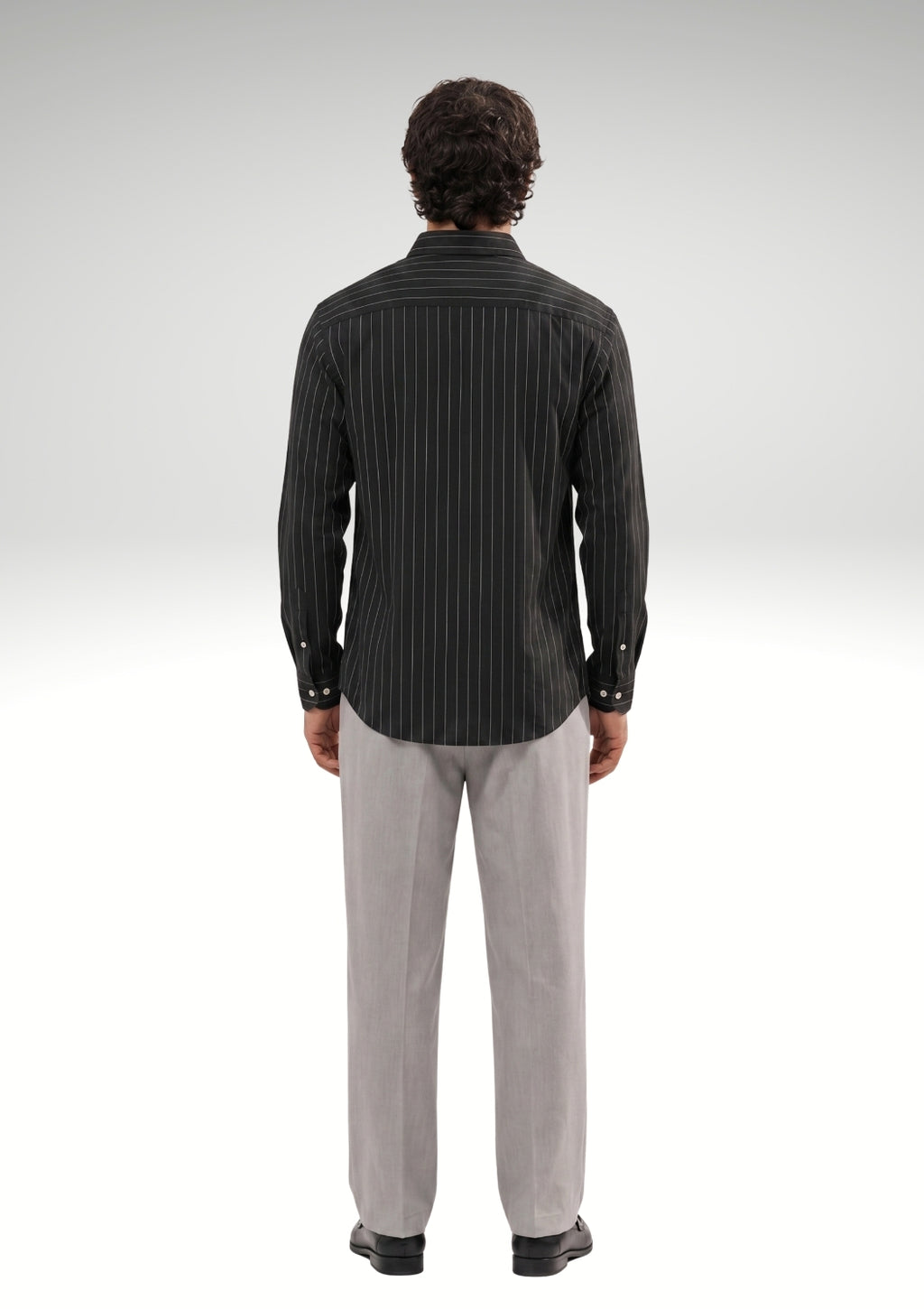 Cauzeway black pinstripe long sleeve casual shirt in signature Indian regular fit, premium cotton TFO oxford weave back view.