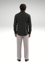 Cauzeway black pinstripe long sleeve casual shirt in signature Indian regular fit, premium cotton TFO oxford weave back view.