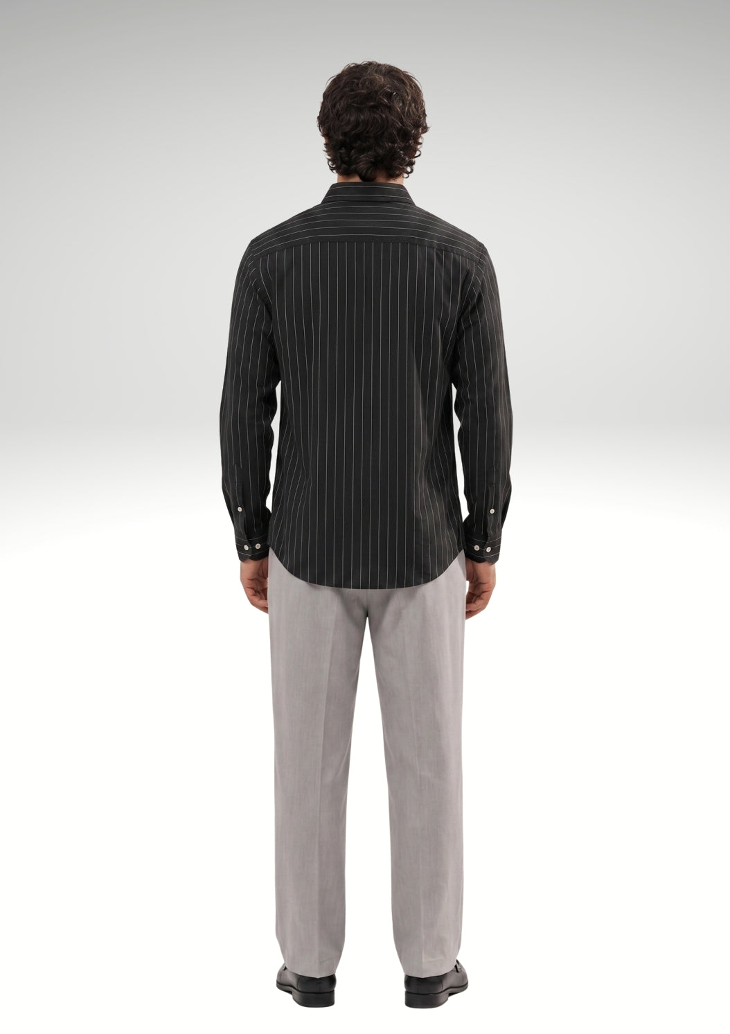 Cauzeway black pinstripe long sleeve casual shirt in signature Indian regular fit, premium cotton TFO oxford weave back view.