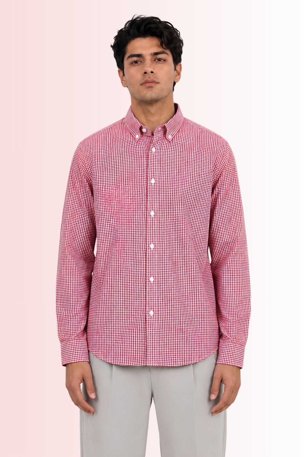 Cauzeway red and white gingham check long sleeve casual shirt in signature Indian regular fit, premium TFO oxford weave clean front view.