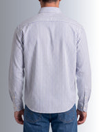 Cauzeway blue and white university stripe long sleeve casual shirt in signature Indian regular fit, premium cotton TFO oxford weave back view.
