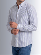 Cauzeway blue and white university stripe long sleeve casual shirt in signature Indian regular fit, premium cotton TFO oxford weave front view.