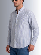 Cauzeway blue and white university stripe long sleeve casual shirt in signature Indian regular fit, premium cotton TFO oxford weave side view.