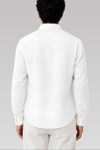 Back view of Cauzeway white linen blend casual shirt, showing the classic regular fit drape across the shoulders.