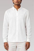 Cauzeway white cotton linen long sleeve casual shirt in signature Indian regular fit, clean pocketless front view.