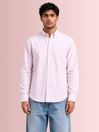 Cauzeway soft pink and white candy stripe long sleeve casual shirt in signature Indian regular fit, 100% cotton seersucker weave front view.