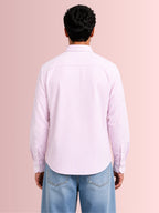 Cauzeway soft pink and white candy stripe long sleeve casual shirt in signature Indian regular fit, 100% cotton seersucker weave back view.
