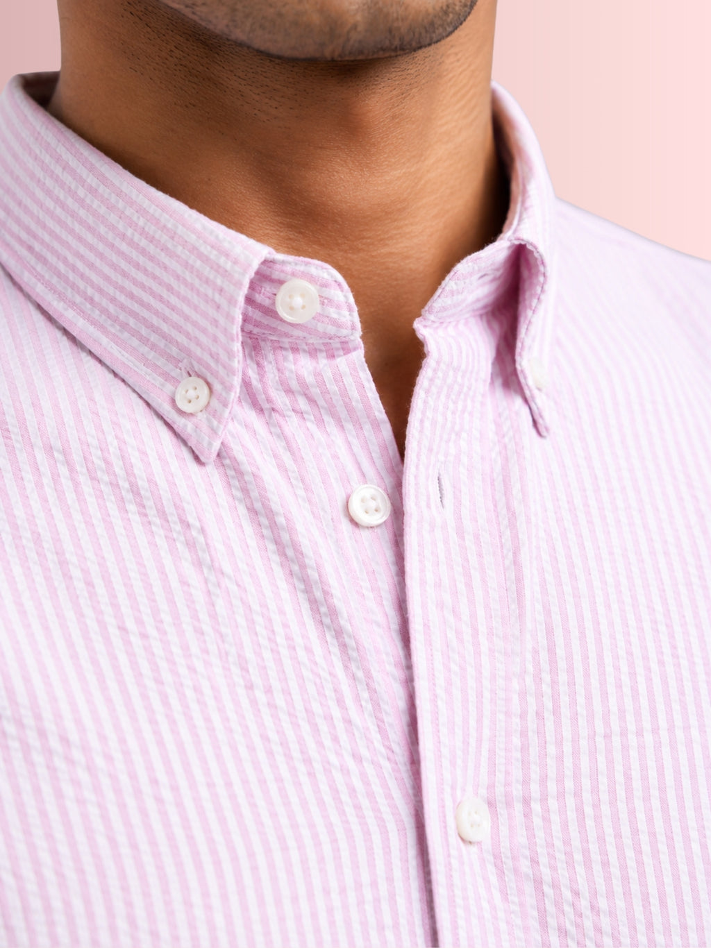 Soft Pink Candy Stripe 100% Cotton Seersucker Casual Shirt – Indian Regular Fit